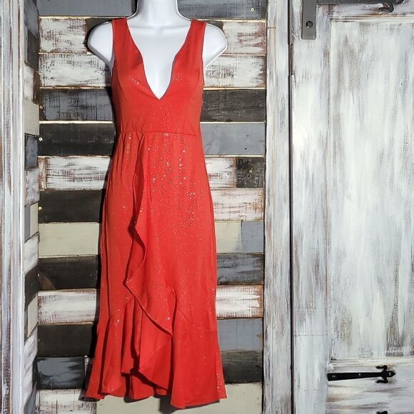Red V Neck Sparkle Ruffled Salsa Dress Size S - Picture 1 of 11
